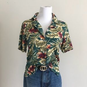 Vintage Tropical Print Button Down Blouse